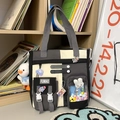 Cute patchwork school backpack in black and grey with astronaut charms and badges - Single Shoulder Bag with Charms and Badges / Black