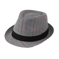 Plaid fedora hat with black ribbon band in grey and white check for men and women - Adult Size (Approx 58cm) / Stripe-Red/Black