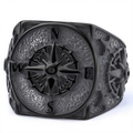 Vintage black stainless steel Viking compass ring for men with nautical relief details - US 7 / Black