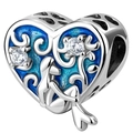 Silver heart charm with blue enamel vine texture and crystal stone for DIY bracelets - Starfish Mermaid Charm