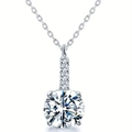 Elegant four-claw pendant necklace with large round zircon and silver-toned fine chain - Silver Tone Round Stone
