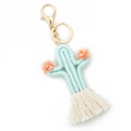 Handmade light blue woven cotton cactus keychain with orange pom-poms and cream tassels - Cyan