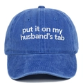 Detail of white embroidery on a blue vintage washed cotton baseball cap with text - Adjustable / Sapphire Blue