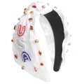 White satin headband featuring USA pearl embroidery with red and blue bead accents - 11# White (USA Letter Embroidery)