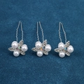 Close-up of U-shaped hair pins with pearl floral motifs and sparkling crystals - Pearl Rhinestone Petal Style (FZ-001) / 3pcs / Silver