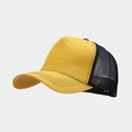 Close-up of a yellow and black trucker hat featuring breathable mesh and blank canvas - Adjustable / Yellow