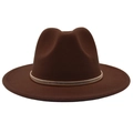 Detail of dark brown fedora hat featuring a slim metallic gold band on felt texture - Coffee (Gold Ring)