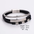 Herren Armband dreilagig mit silberner Weizenkette und schwarzen Perlen aus Leder - Silberne geflochtene Kette rechteckige Platte (Stil 6)