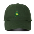 Close-up of green frog embroidery detail on a dark green cotton canvas baseball cap - Adjustable / Army Green