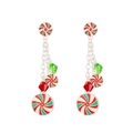 Christmas earrings with red and white candy cane swirls and green crystal beads - Swirl Peppermint Candy Three-Tier Style (9918)