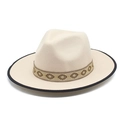 Chapeau fedora en laine beige à large bord avec bordure noire et ruban ethnique - M(56-58cm) / Beige Bord Noir