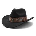 Chapeau de cowboy noir classique avec bande en cuir brodée et insigne en métal turquoise - M (56-58cm) / Noir