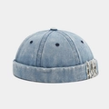 Berretto docker in denim blu lavato con dettagli vintage e design a tesa arrotolata - Blu Medio