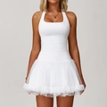 White halter neck sports yoga dress set with multi-layer mesh skirt and slim top - S / Top And Bottom / Vest + Skirt (2033) / Swan White