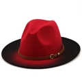 Red and black ombre fedora hat with felt wool texture and brown leather strap buckle - M (56-58cm) / Red/Black Gradient (05)