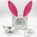 Three-piece plush bunny ears headband set with bowtie and tail for costume party - White & Rose Red Plush
