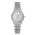 Elegant silver stainless steel women's watch with crystal bezel and sunray dial - White Dial