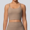 Detail of cross-back yoga bra and high-waisted leggings in earthy matte stretch fabric - S / Tops / Mocha Brown