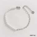 Symmetry design stainless steel anklet with white pearls and silver metal chain link - Faux Pearl Silver Bracelet (B742)
