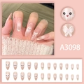Uñas postizas de almendra francesa con lindos patrones de gatos y lazos blancos - Tipo de Pegamento (A3098)