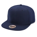 Close-up of a navy blue flat brim snapback cap with a gold high quality headwear sticker - Adult Size (58cm) / Solid Navy