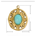 Macro shot showing 20mm x 16mm dimensions of vintage gold stainless steel stone pendant - Oval Light Blue Natural Stone (YE124)