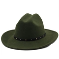 Detailed close-up of dark green felt fedora hat with studded leather band decoration - M (56-58cm) / Army Green