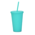 Minimalist 16oz turquoise double-wall plastic tumbler with matching lid and straw - 450ml / Cyan D