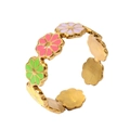 Detail of 18k gold plated ring featuring colorful enamel flowers and adjustable open band - Adjustable Open / Style 8 (Enamel Flower Cluster)