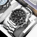 ORUSS men's business chronograph watch with silver steel strap and black large dial - Silver Band Black Face