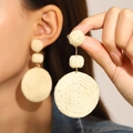 Three-tier woven disk drop earrings in natural beige raffia for a summer beach look - Triple Tier Disc Woven Long Style (8657)