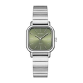 Women's square quartz watch featuring a green dial and silver steel link strap - Green Bamboo Band