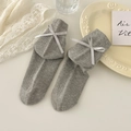 Grey ribbed cotton crew socks featuring sweet silk ribbon bows on the cuffs - One Size / Light Gray