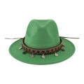 Detailed view of an ethnic green felt fedora with a decorative coin band - 58cm / Green