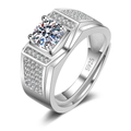 Bague classique pour homme en argent sterling S925 avec moissanite et pierres de côté - Ouvert Réglable / Style Ouvert de Luxe pour Homme (NAN021)