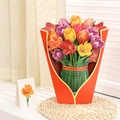 3D pop-up greeting card featuring a colorful tulip bouquet in a red base and envelope - Blooming Tulips