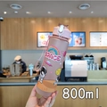 Detail of 800ml frosted astronaut water bottle with strap and cartoon space illustrations - 800ML / Pink