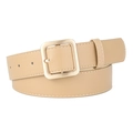 Beige PU leather belt with square metal buckle and white stitching for jeans - Khaki