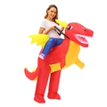 Funny adult inflatable red dragon costume with yellow wings and blue faux legs for parties - Children Riding Winged Dinosaurs / One Size