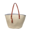 Borsa tote in paglia intrecciata beige con bordo a righe blu e nappe in pelle - Beige