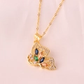 Golden butterfly pendant necklace with colorful micro-set zircons on pink silk - Butterfly Design