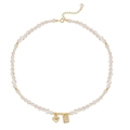 Natural freshwater pearl bracelet with golden heart and Good Luck square charms - Good Luck Tag Freshwater Pearl Necklace