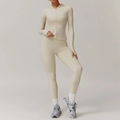 Three-piece beige yoga set featuring hooded zipper jacket and high-waisted leggings - S / Top And Bottom / Oat Apricot