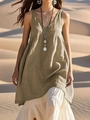 Detalle de vestido largo caqui de lino sin mangas con cuello en V y bajo con volantes - S / Top Y Pantalón / Caqui