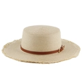 Flacher Strohhut in Beige mit braunem Lederband und trendiger Fransen-Krempe - M (56-58cm) / Beige