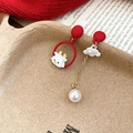 Macro detail of asymmetric lion dance earrings with red enamel and pearl pendants - Creative Red Circle Chick Cloud Pearl (1#)