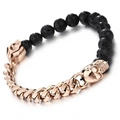 Pulsera calavera con cuentas de piedra volcánica negra y cadena cubana oro rosa - Oro Rosa (KB70708-BD)