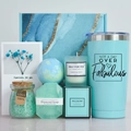 Blue ceramic tulip gift set featuring insulated tumbler, candle, and bath salts in a box - New Gift Set 5