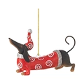 Detail of dachshund Christmas ornament with red spiral vest and gold hanging string - Black & Brown Dog-Red White Swirl Outfit