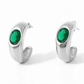 Silver C-shaped chunky hoop earrings with oval emerald green stone center - Silver Base Green Stone (PDE859)